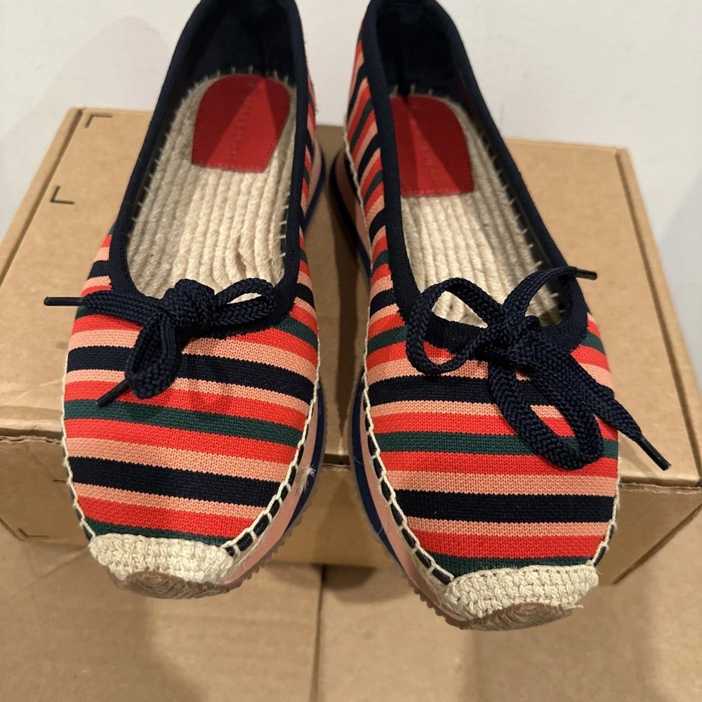 Tory Burch 9.5M Daisy Sport Multi Stripe Circular Knit Reva Bow Espadrille Flats
